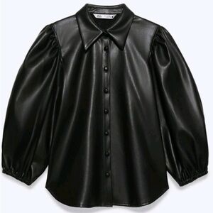 Zara Black Vegan Leather Puff-Sleeve Button-Down Shirt